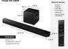 Diagram showing the dimensions and contents of a Samsung soundbar and subwoofer. Produktbild-Vorschau