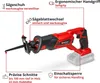 Diagram of a cordless reciprocating saw with callouts highlighting its features. Produktbild-Vorschau