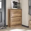 A narrow shoe cabinet with two flip-down drawers is placed in a hallway next to a door. A piece of abstract art and a vase with branches are on top of the cabinet. Voir les images du produit