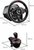 Two separate images showing a gaming steering wheel and a gear shifter with dimensions indicated. Anteprima dell’immagine prodotto