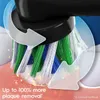 Close-up of an electric toothbrush head cleaning teeth, with arrows indicating motion and text highlighting plaque removal. Podgląd zdjęcia produktu
