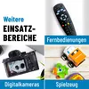 A collage of four images showing different product categories: a remote control, a digital camera, and toys. Produktbild-Vorschau