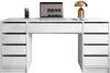 A white desk with drawers, a laptop, a lamp, and a pen holder. Produktbild-Vorschau