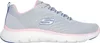A side view of a single gray Skechers shoe with pink and blue accents. Voir les images du produit