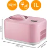 A pink ice cream maker with dimensions indicated by arrows and text overlays. Produktbild-Vorschau