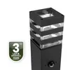 A black outdoor post light with clear glass elements and a motion sensor, next to a warranty badge. Produktbild-Vorschau