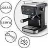 A black and silver espresso machine with a digital display and various icons indicating features. Produktbild-Vorschau