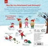 A winter scene with several cartoon gnomes, some interacting with objects like apples and books, set against a snowy background with a tree and a bird. Produktbild-Vorschau
