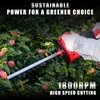 A person is using a red and gray electric hedge trimmer to cut green bushes with pink and yellow flowers. Produktbild-Vorschau