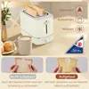 A toaster with two slices of toast in it, a mug of coffee, and some bread rolls on a table. Below are two images showing slices of bread. Produktbild-Vorschau
