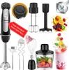 A collage of images showcasing a black immersion blender and its various accessories, along with ingredients and finished products. Produktbild-Vorschau