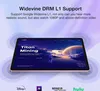 A tablet is displayed at an angle, showcasing its screen with a space-themed website. The background is a gradient of purple and white with circular graphic elements. Logos of streaming services are at the bottom. Produktbild-Vorschau