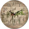 A round wall clock with a rustic wooden background, featuring a floral arrangement in glass bottles as the clock face. Produktbild-Vorschau