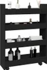 A black, four-tier storage cart filled with various bathroom accessories and toiletries. Podgląd zdjęcia produktu