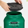 Hands placing a black lid onto a green plastic barrel. Produktbild-Vorschau