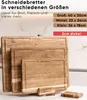 Three wooden cutting boards of different sizes are stacked and displayed on a stand, with text overlays providing product information. Náhled obrázku produktu