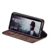 A brown flip case for a smartphone is shown, with the smartphone displaying a movie poster for 'The Inspector'. Produktbild-Vorschau