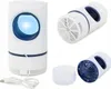 A white cylindrical insect lamp with blue accents and a USB cable, shown from multiple angles. Produktbild-Vorschau