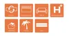 A grid of orange squares with white icons and text, representing product features. Produktbild-Vorschau