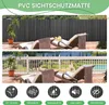 A collage showing a grey PVC privacy screen on a balcony, with lounge chairs and drinks, and icons representing product features. Produktbild-Vorschau