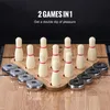 A close-up view of a 2-in-1 shuffleboard and bowling game set, featuring bowling pins and pucks arranged on a wooden board. Náhľad obrázku produktu