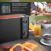 A collage showcasing a black 4-slice long slot toaster, with text descriptions, a family at breakfast, and toast with jam and orange juice. Produktbild-Vorschau