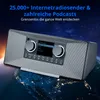 A gray internet radio is placed on a background depicting the Earth from space, with text overlaying the top portion of the image. Produktbild-Vorschau