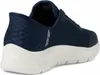 A close-up side view of a navy blue Skechers sneaker with a white sole. Produktbild-Vorschau