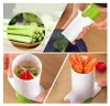 A collage of images showing a vegetable slicer in use with cucumbers and tomatoes. Podgląd zdjęcia produktu