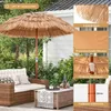 A patio scene with a straw umbrella, a wicker sofa, and a coffee table. Náhled obrázku produktu