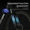 Close-up of an electric bicycle's front fork suspension system, highlighting its adjustable features. Produktbild-Vorschau