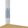 A close-up view of a white metal shelf support post with silver metal brackets attached. Voir les images du produit