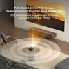 A projector is shown in a living room setting, projecting an image onto a wall. Text overlays describe its features. Produktbild-Vorschau