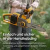A person holding a yellow and gray electric chainsaw outdoors. Produktbild-Vorschau
