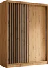A full-front view of a sliding door wardrobe with a wood-grain finish and vertical black slats on one door. Produktbild-Vorschau