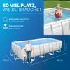 A woman is enjoying a swim in a large rectangular above-ground pool, while a man and a child stand next to a similar pool with dimensions indicated. The image also features text highlighting the pool's capacity and depth. Produktbild-Vorschau