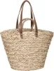 A straw shopping basket with brown leather handles against a white background. Náhled obrázku produktu