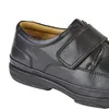 Close-up of a black leather shoe with a velcro strap. Voir les images du produit