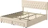 A beige upholstered bed frame with a tufted headboard and wooden slats for mattress support. The bed frame has drawers built into the base. Produktbild-Vorschau