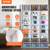 A white shelving unit filled with CDs, DVDs, and other items, with overlay text and icons highlighting adjustable storage space and customization options. Produktbild-Vorschau