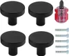 Four black cabinet knobs and a small screwdriver with screws. Produktbild-Vorschau