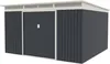 A dark grey shed with a white roof and trim, featuring a large sliding door. Produktbild-Vorschau