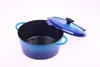 A blue cast iron pot with its lid slightly ajar, set against a white background. Produktbild-Vorschau