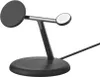 A black wireless charging stand for a phone and a watch, shown against a white background. Produktbild-Vorschau
