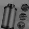 A collage of images showing a carbon filter, charcoal pieces, a perforated metal sheet, and a cross-section of a filter. Produktbild-Vorschau