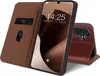 A brown leather flip case for a smartphone, shown open with the phone screen displaying the time and date. Produktbild-Vorschau