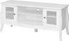 A white TV stand with glass doors and shelves. Podgląd zdjęcia produktu