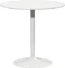 A white round dining table with a pedestal base is shown against a white background.