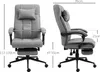 Two views of a gray office chair with dimensions indicated by text and lines. Náhled obrázku produktu