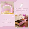 Collage of images showcasing a pink unicorn-themed bed with LED lighting, storage drawers, and a cartoon unicorn graphic. Produktbild-Vorschau